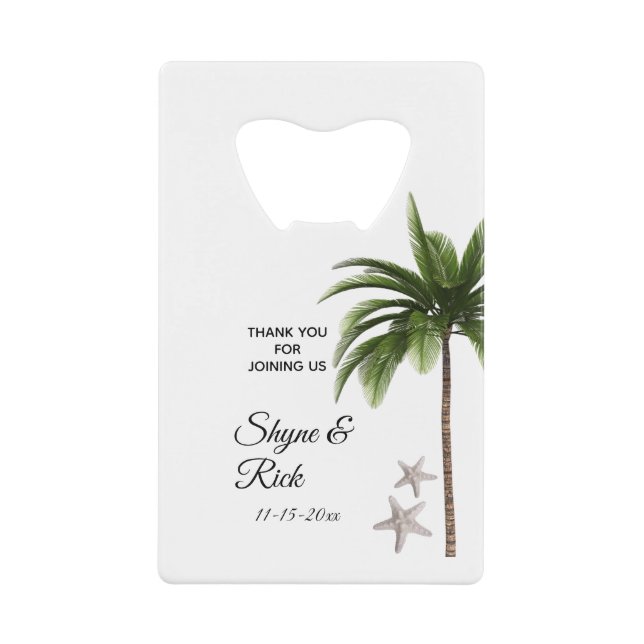 Elegant Beach Wedding Palm Tree Thank You Favor Credit Card Bottle Opener (Front)
