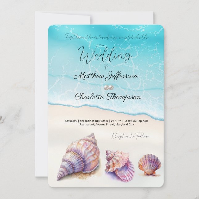 Elegant Beach Wedding  Seashells Pearls Nautical  Invitation (Front)
