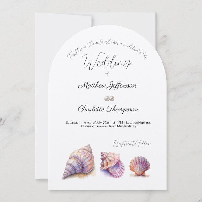 Elegant Beach Wedding  Seashells Pearls Nautical  Invitation (Front)