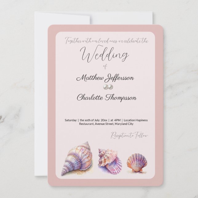 Elegant Beach Wedding  Seashells Pearls Nautical  Invitation (Front)