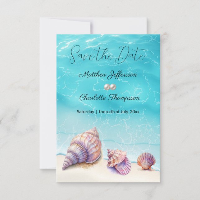Elegant Beach Wedding  Seashells Pearls Nautical  Save The Date (Front)