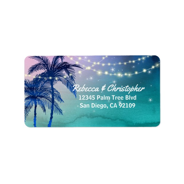 Elegant Beach Wedding Watercolor Palm Tree Address Label (Front)