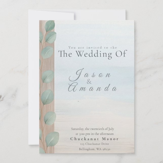 Elegant Beach with Soft Blue Wash & Sand Dollar Invitation (Front)