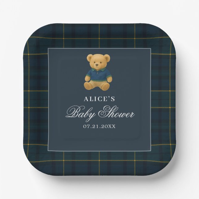 Elegant Bear Navy Blue Baby Shower Paper Plates (Front)