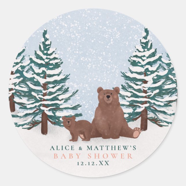 Elegant Bear Winter Baby Shower Favor Classic Round Sticker (Front)