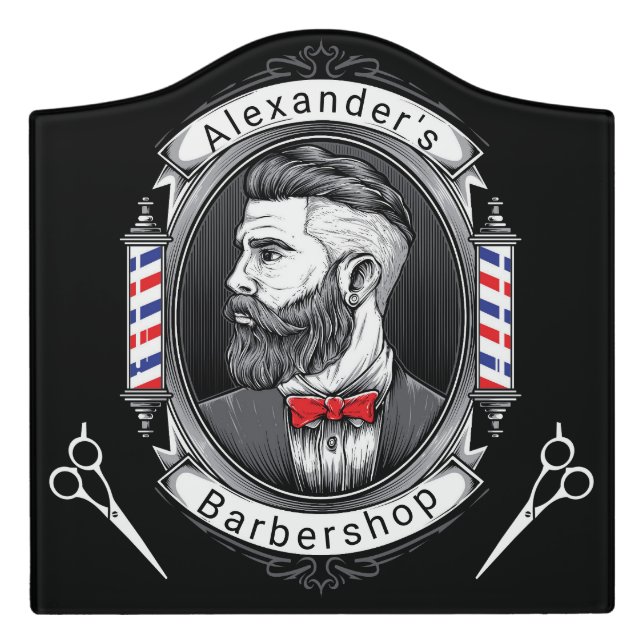 Elegant Bearded Man Barber Logo Door Sign (Large Crest Front)