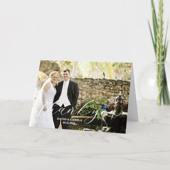 Elegant Beatrice Script Photo Wedding Thank You Card (Front)