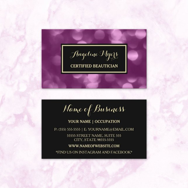 Elegant Beautician Glamorous Purple Luxe Bokeh Business Card (Elegant Beautician Glamorous Purple Luxe Bokeh Business Cards)