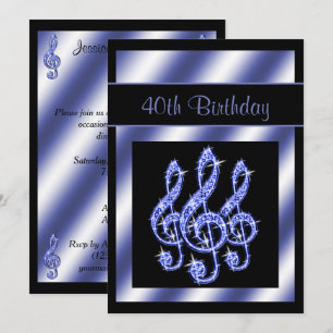 Elegant, Beautiful Blue Treble Clefs 40th Birthday Invitation