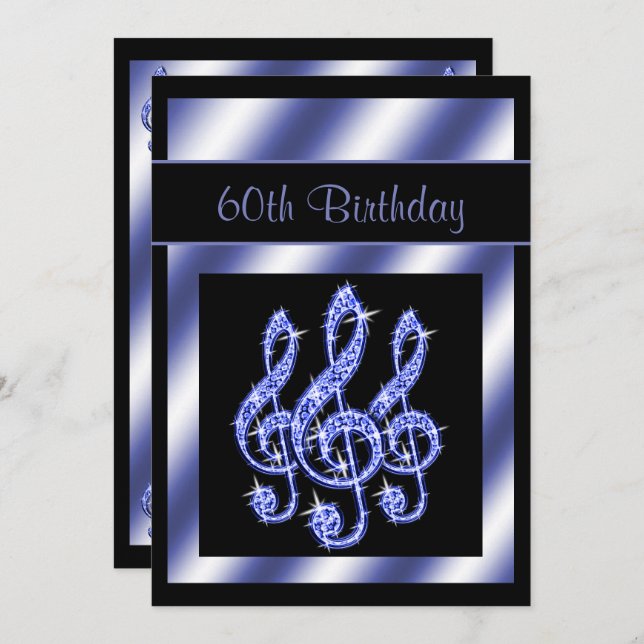 Elegant, Beautiful Blue Treble Clefs 60th Birthday Invitation (Front/Back)