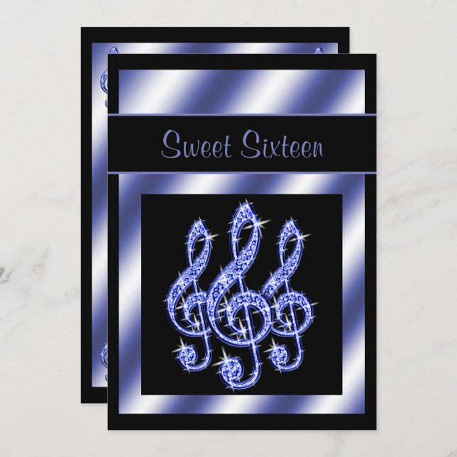 Elegant, Beautiful Blue Treble Clefs Sweet 16 Invitation (Front/Back)