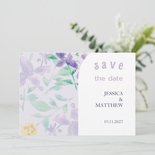 Elegant Beautiful Boho Lilac Floral Wedding Save The Date (Standing Front)