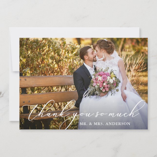 Elegant Beautiful Calligraphy Photo Wedding Thank You Card (Front)