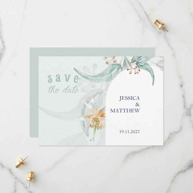 Elegant Beautiful Mint Eucalyptus Watercolor Art Save The Date (Front/Back In Situ)