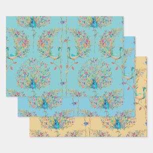 Elegant beautiful peacock watercolour wrapping paper sheets