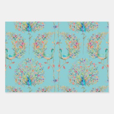 Elegant beautiful peacock watercolour wrapping paper sheets