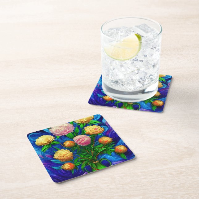 Elegant Beautiful Peony Collection Square Paper Coaster (Insitu)