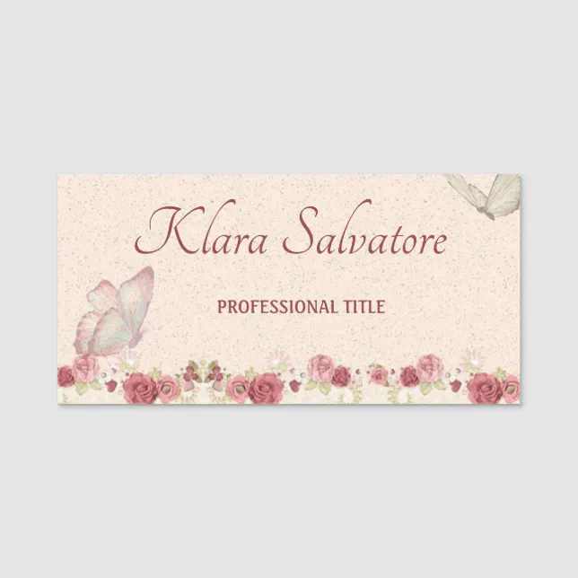 Elegant Beautiful Pink Roses With Butterfly Name Tag | Zazzle