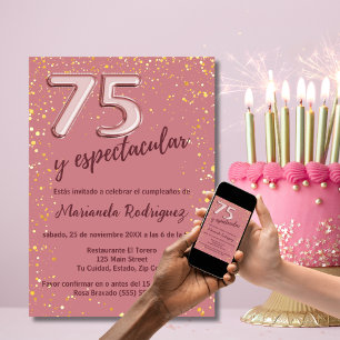 Elegant Beautiful Rose Gold 75th Birthday Spanish Invitation