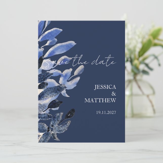 Elegant Beautiful Swan In Navy Blue Wedding Save The Date (Standing Front)