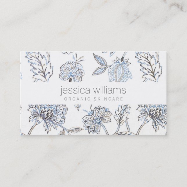 Elegant Beauty Blue Floral Pattern Cosmetologist Business Card (Front)