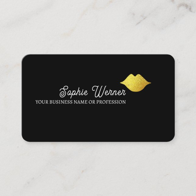 Elegant Beauty Faux Gold Lips Black Business Card (Front)