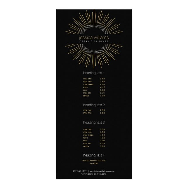 Elegant Beauty Gold Sunburst on Black Rack Card (Front)