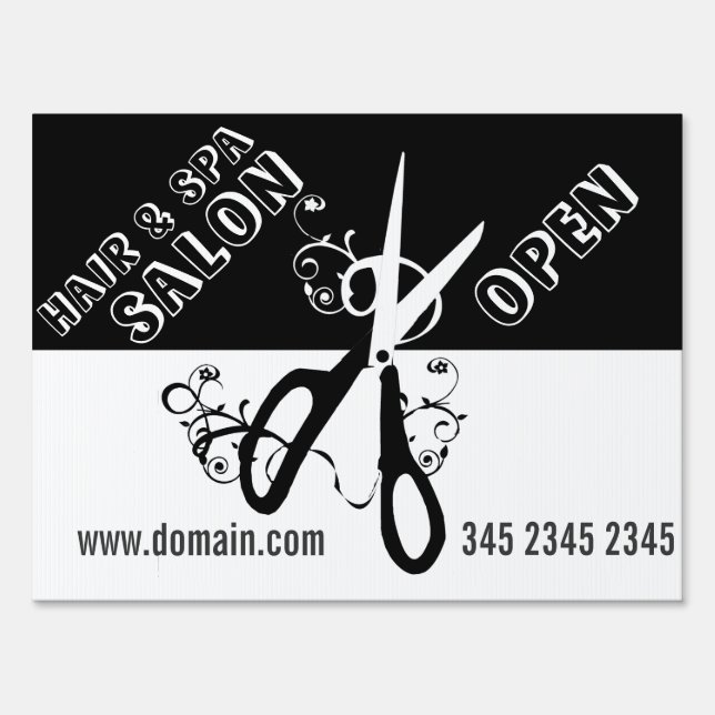 Elegant Beauty Hair Salon Spa Black White Scissors Yard Sign (Back)