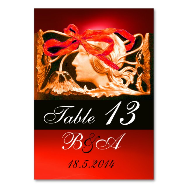 ELEGANT BEAUTY,LADY AND RED BOW ,FLOWERS MONOGRAM TABLE NUMBER (Front)