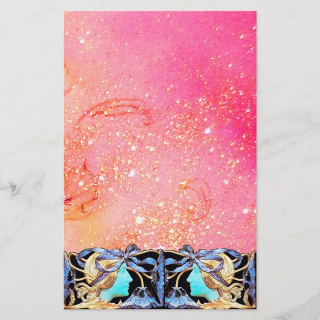 ELEGANT BEAUTY/LADY WITH BLUE BOW,FLOWERS IN PINK STATIONERY (Front)