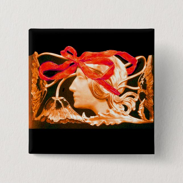 ELEGANT BEAUTY / LADY WITH RED BOW AND FLOWERS PINBACK BUTTON (Front)