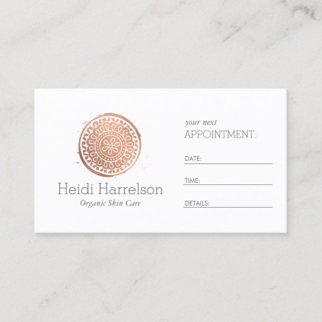 Elegant Beauty Mandala Logo Rose Gold Appointment Card (Front)
