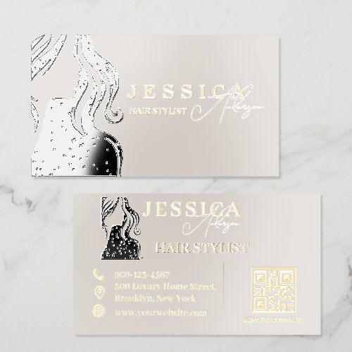 Elegant Beauty Salon & Hair Stylist White Black Foil Spot Gloss Business Cards