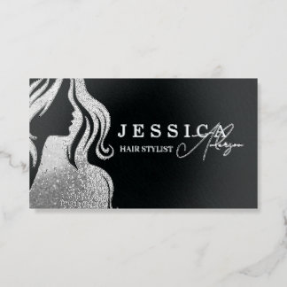 Elegant Beauty Salon & Hair Stylist White Black Foil Spot Gloss Business Cards