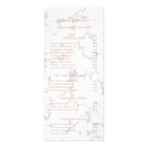 Elegant Beauty Salon Price List Rose Gold Marble Rack Card