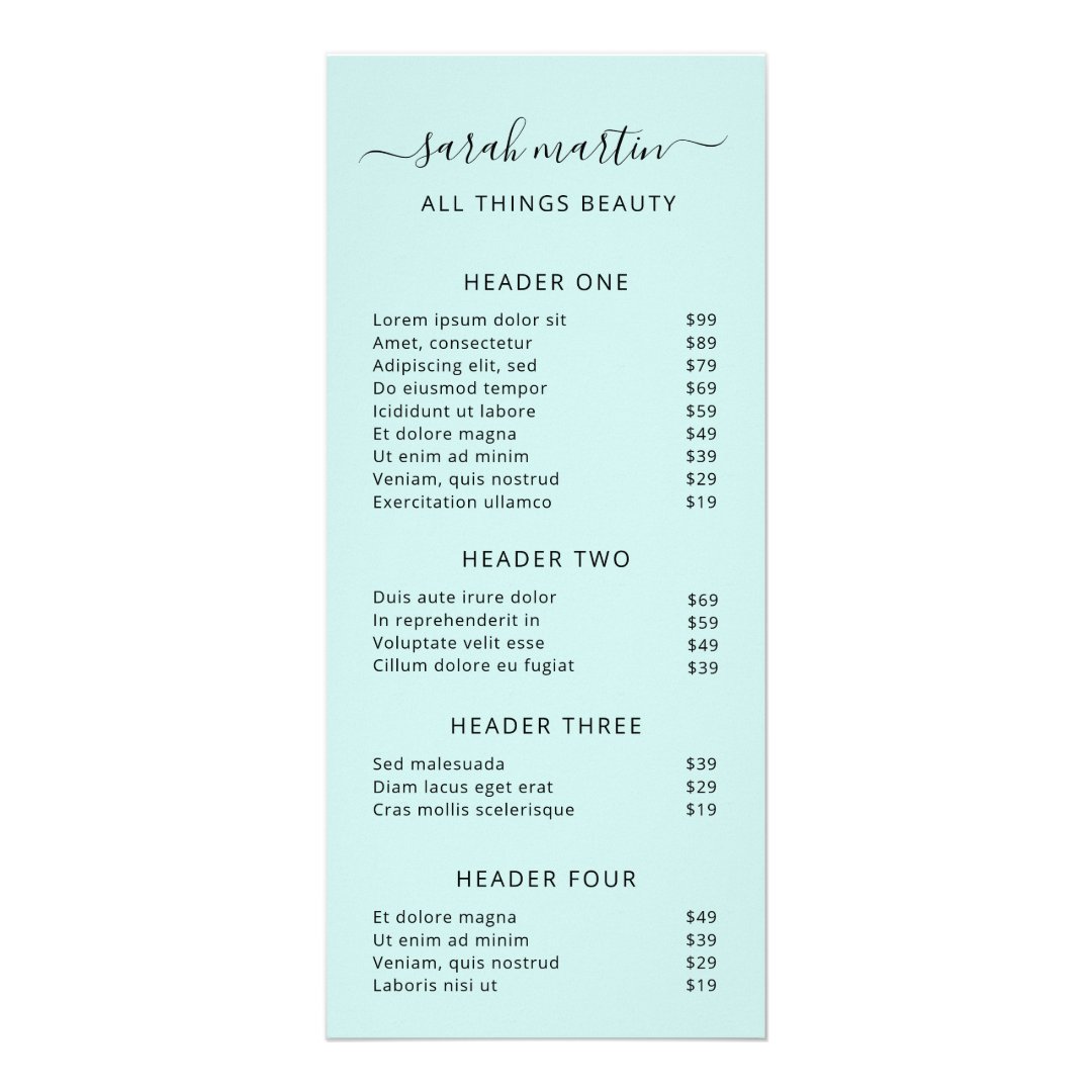 Elegant Beauty Salon Price List Turquoise Rack Card Zazzle