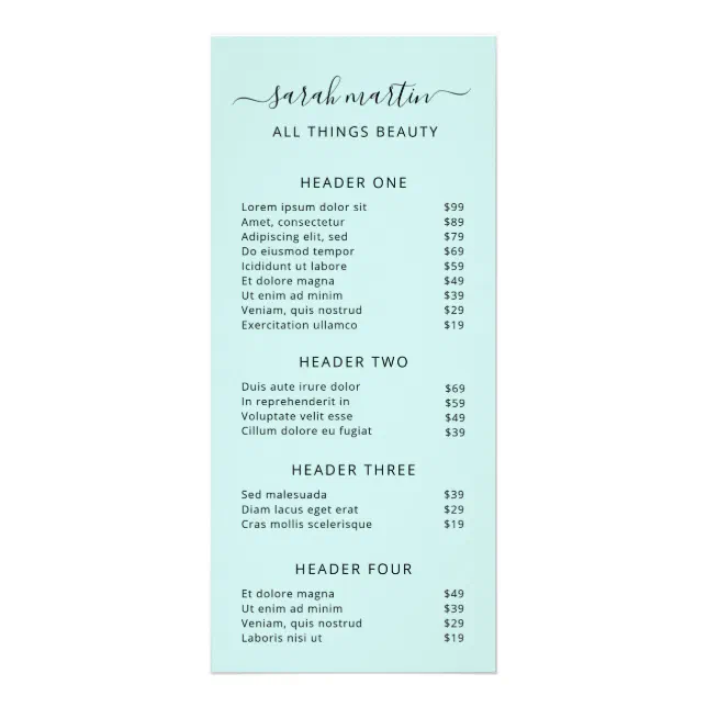 Elegant Beauty Salon Price List Turquoise Rack Card | Zazzle