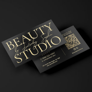 Elegant Beauty Studio Black Gold Esthetician QR Foil Business Cards