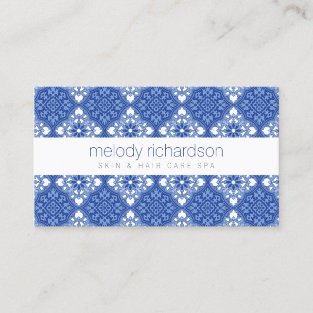 Elegant Beauty Vintage Mediterranean Blue Pattern Business Card (Front)