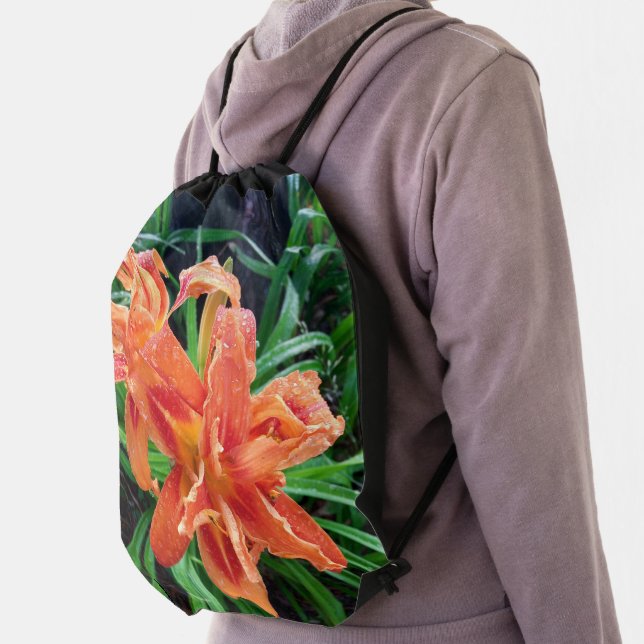 Elegant Bedewed Orange Double Flowered Daylilies Drawstring Bag (Insitu)