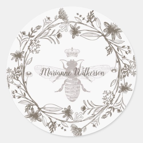 Elegant Bee And Crown Name Classic Round Sticker
