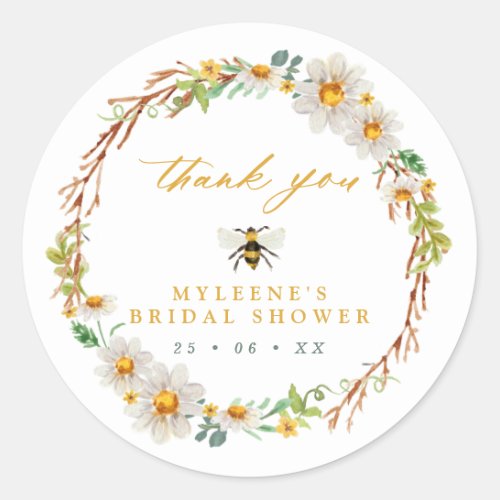 Elegant Bee and Daisies Bridal Shower Classic Round Sticker