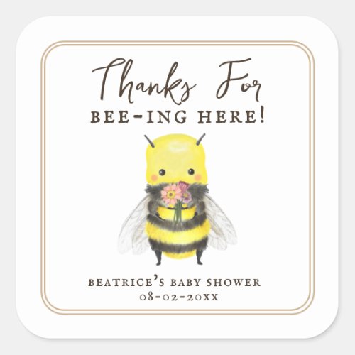 Elegant Bee and Flower Baby shower Favor Thank You Square Sticker