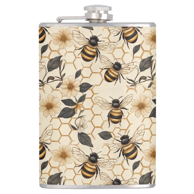 Elegant Bee and Honeycomb Pattern Flask (Front)