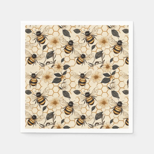 Elegant Bee and Honeycomb Pattern Napkins (Front)