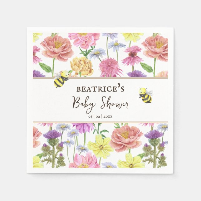 Elegant Bee and Wildflower Baby Shower Napkins (Front)