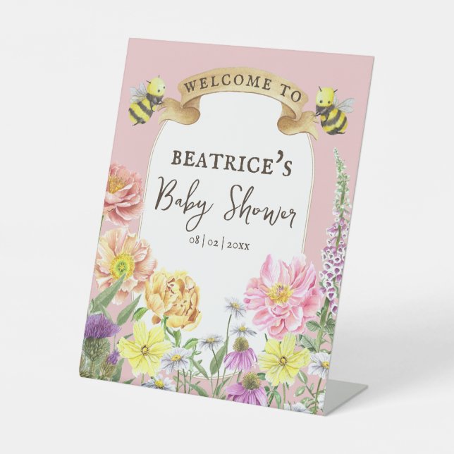 Elegant Bee and Wildflower Baby Shower Welcome Pedestal Sign (Front)