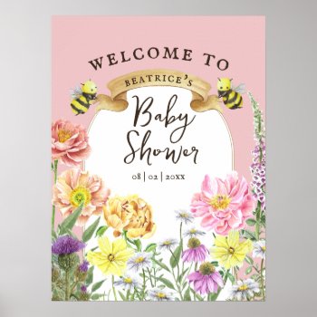 Elegant Bee And Wildflower Baby Shower Welcome Poster by ReaDavidson at Zazzle