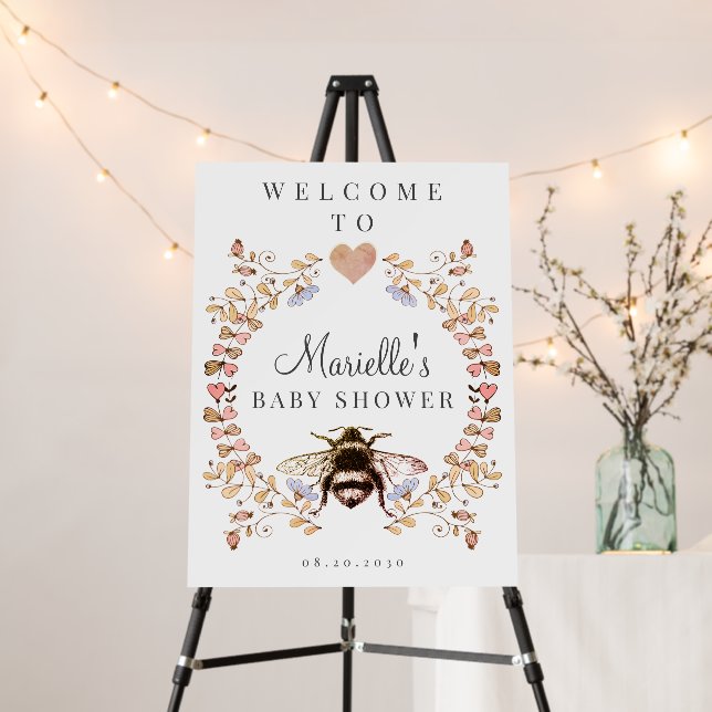 Elegant Bee Floral Heart Baby Shower Welcome Foam Board (In Situ (Stand))