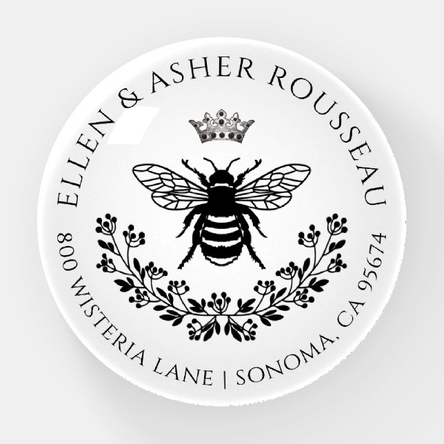 Elegant Bee Floral Newlyweds Name Logo Paperweight (Front)